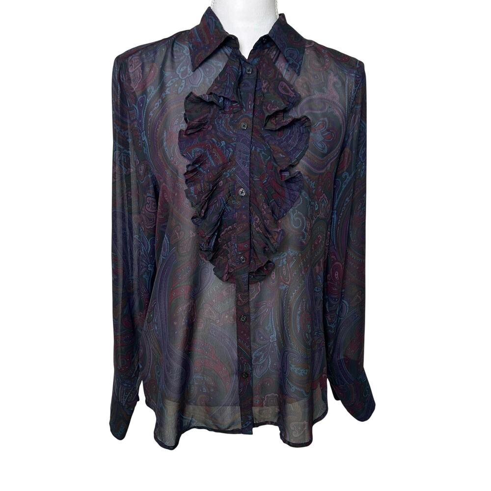 Lauren Ralph Lauren semi sheer ruffle button down purple paisley long sleeve L